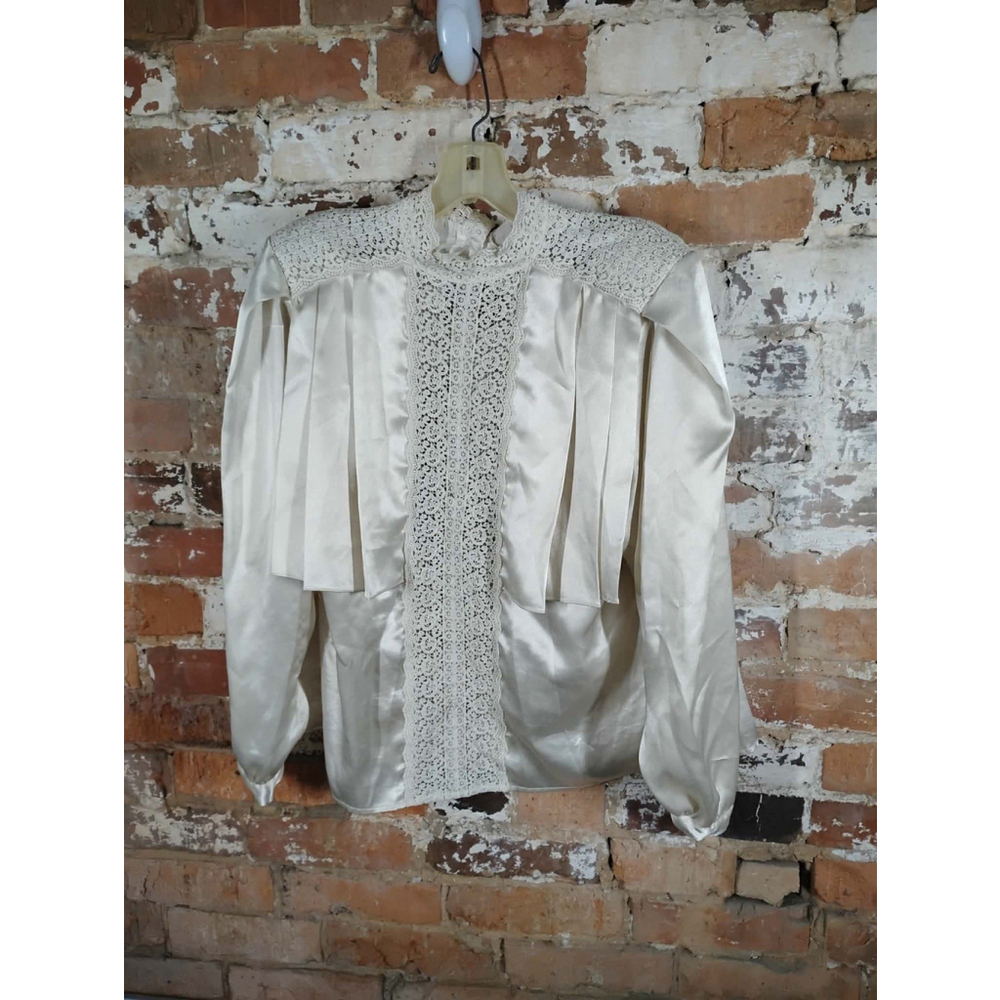 Vintage Sonya Ratay San Andre Cream Lace Trim High Neck Puff Sleeve Blouse Ruffl